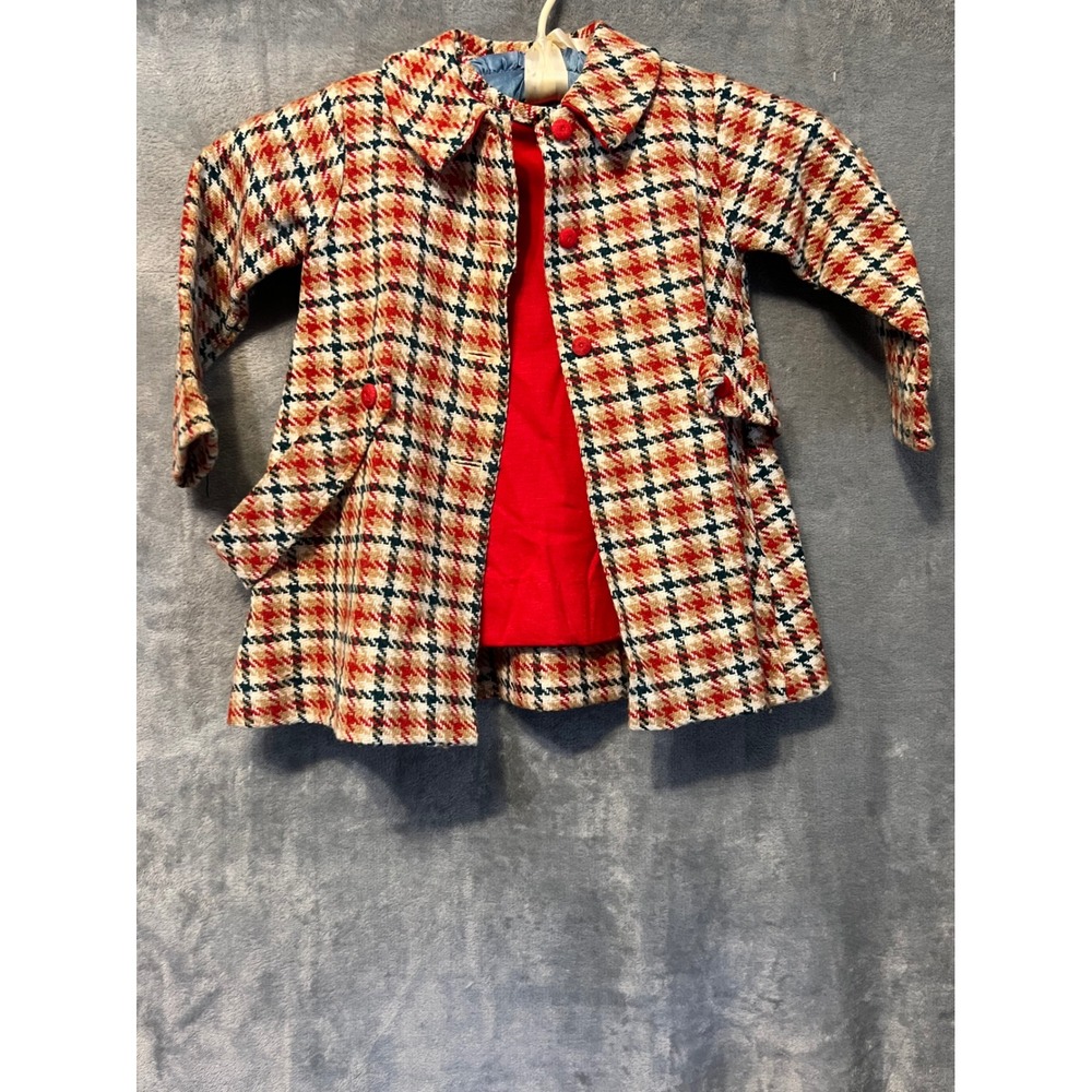 Vintage Girls Plaid Coat Dress Set Red Houndstooth Jacket Outfit 2pc 24M